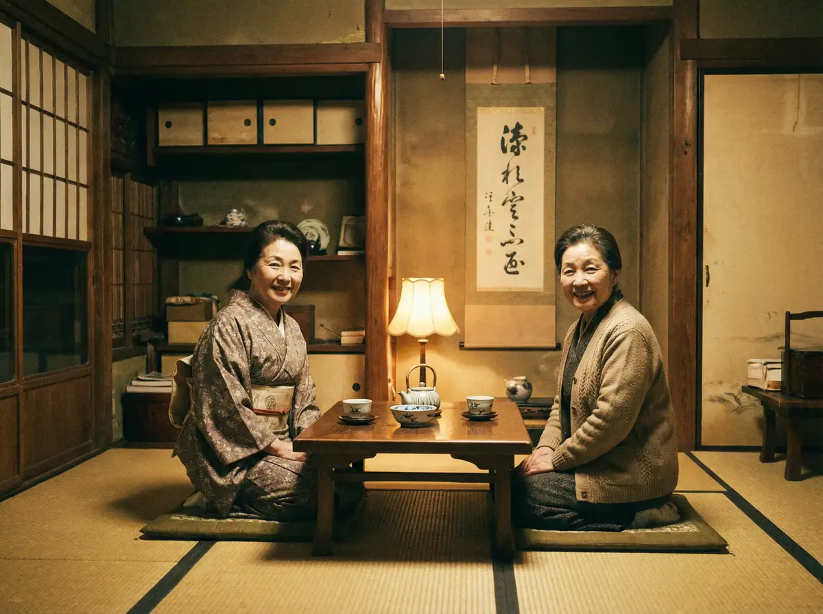 两位优雅的 ayx体育平台 在日式茶室中品茶交谈